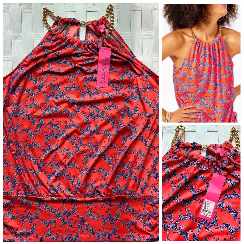 NWT Lilly Pulitzer Bowen Picante Coral Heebee Zeebees Orange Zebra Halter Top XL